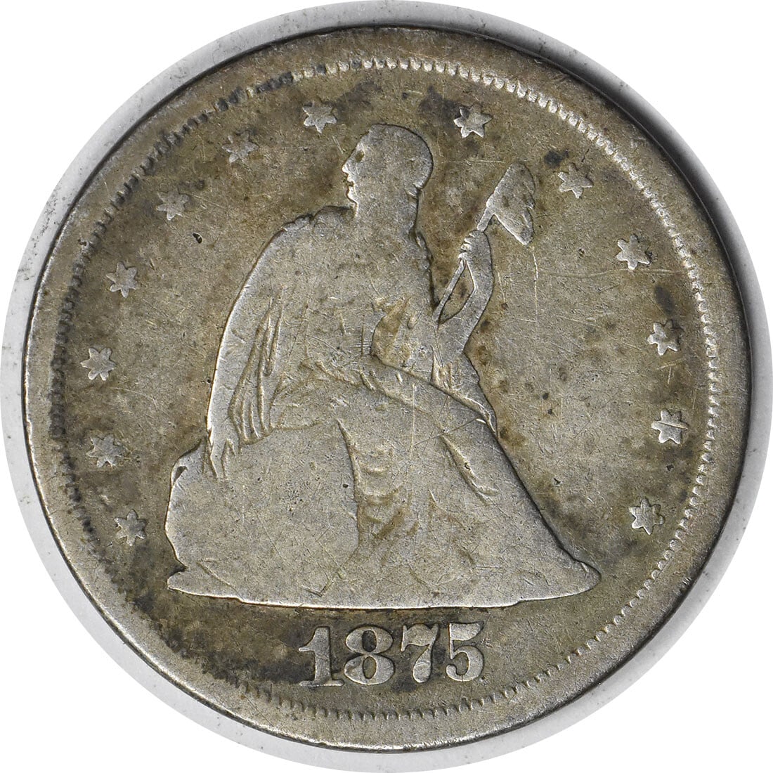 San Francisco Mint 1875 Twenty Cent Silver Coin Good Grade Uncertified: San Francisco Mint 1875 Twenty Cent Silver Coin Good Grade Uncertified This is a circulated 1875-S Twenty Cent silver piece from the United States, minted in San Francisco. Designed by William Barber,