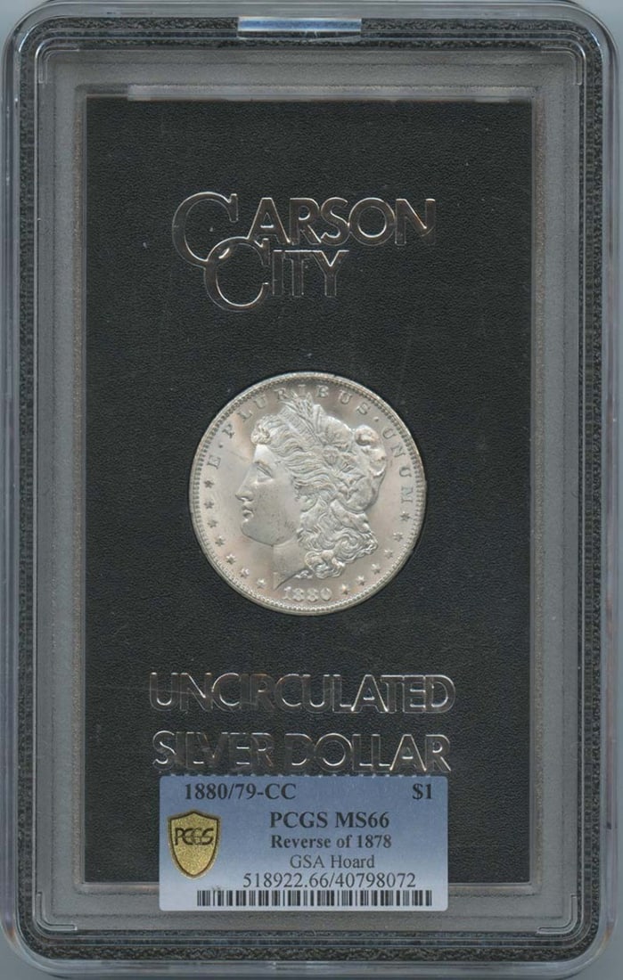 PCGS MS66 1880-CC Morgan Silver Dollar GSA Hoard 80/79 Reverse 1878: PCGS MS66 1880-CC Morgan Silver Dollar GSA Hoard 80/79 Reverse 1878 This is an 1880-CC Morgan Dollar from the GSA Hoard, featuring a reverse of 1878. Graded MS66 by PCGS, this uncirculated silver doll