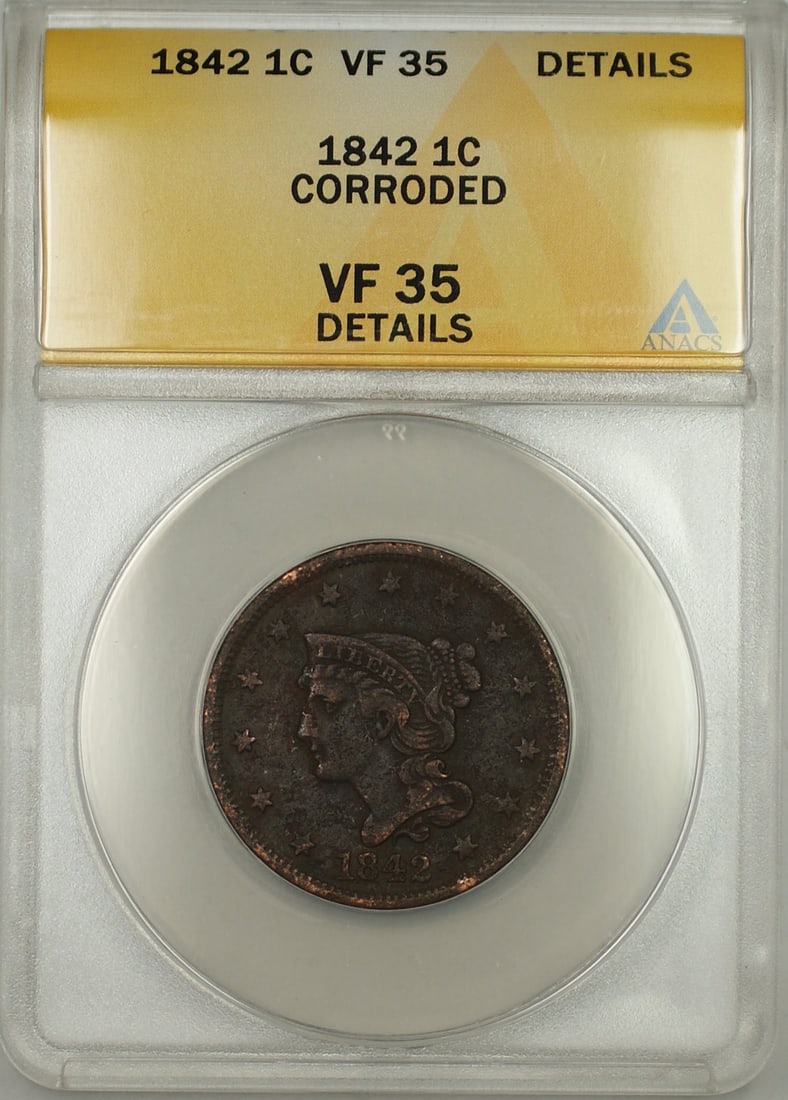 1842 Braided Hair Large Cent Copper Coin ANACS VF-35 Large Date Variety: 1842 Braided Hair Large Cent Copper Coin ANACS VF-35 Large Date Variety This 1842 Large Date Braided Hair Large Cent is a circulated coin from the United States, minted in Philadelphia. Certified by A