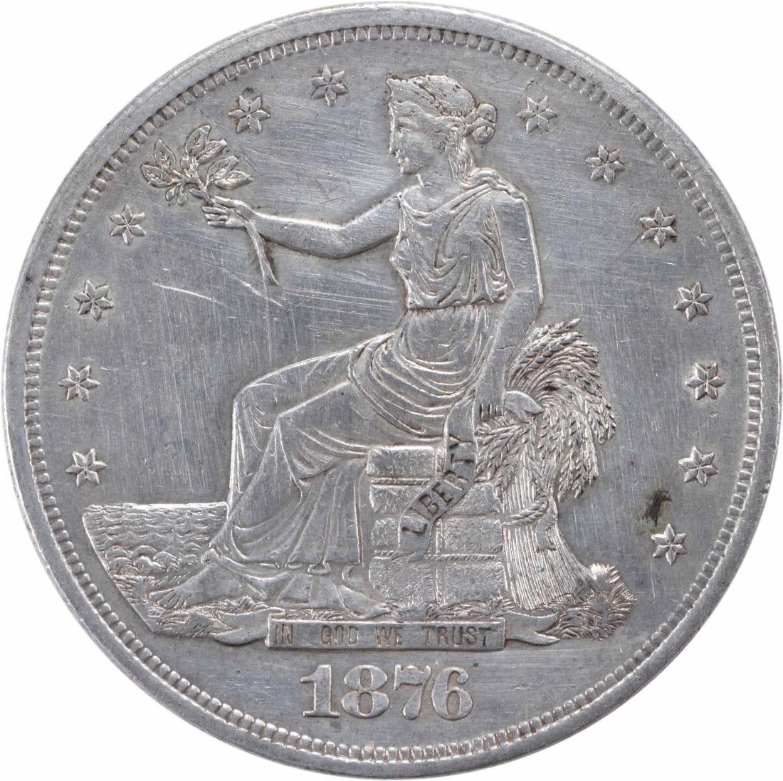 1876-S Trade Silver Dollar AU San Francisco 90% Silver Barber Design: 1876-S Trade Silver Dollar AU San Francisco 90% Silver Barber Design This 1876-S Trade Silver Dollar showcases a rich history and craftsmanship, featuring a design by William Barber. The coin is circu