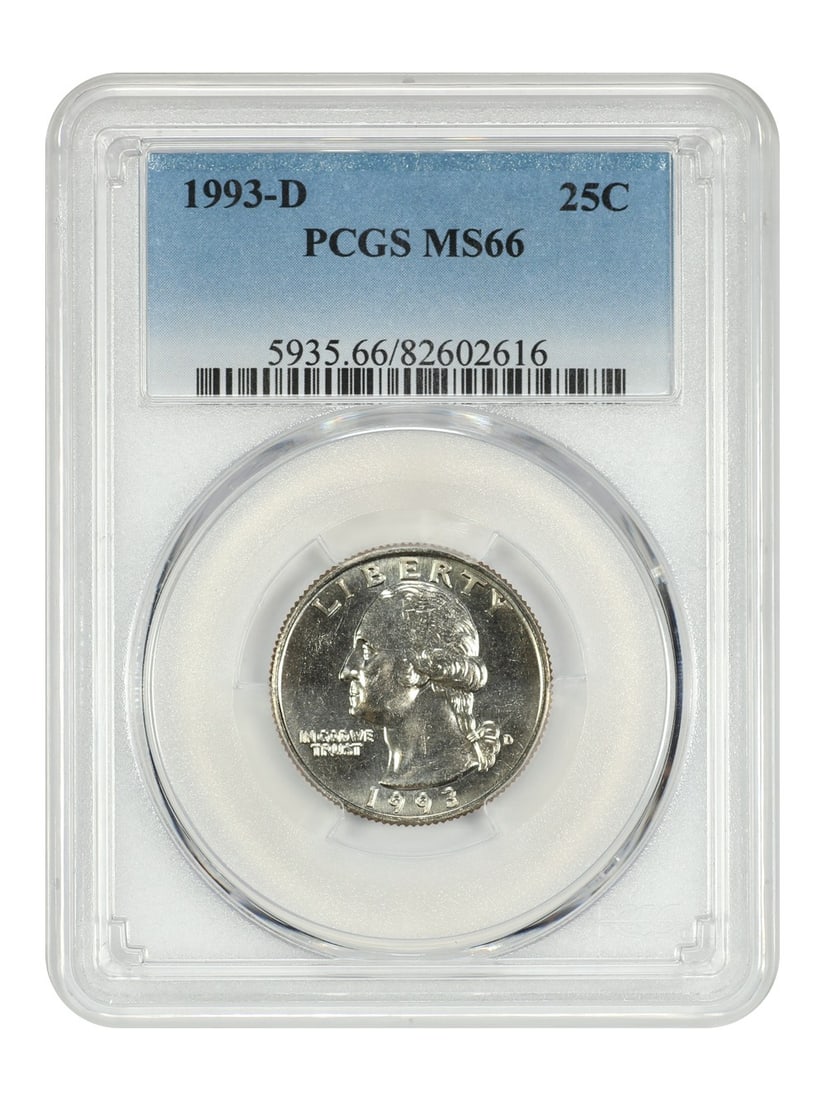 1993-D Washington Quarter 25C PCGS MS66 Uncirculated Denver Mint: 1993-D Washington Quarter 25C PCGS MS66 Uncirculated Denver Mint This 1993-D Washington Quarter is certified by PCGS with a grade of MS66, indicating it is in uncirculated condition. The coin, minted