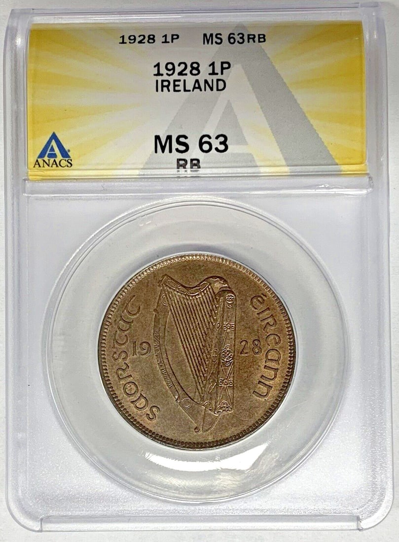 Ireland 1928 One Penny Coin ANACS MS 63 Red Brown Certified: Ireland 1928 One Penny Coin ANACS MS 63 Red Brown Certified This 1928 Ireland 1 Penny coin is certified by ANACS with a grade of MS 63 and a red-brown color designation. It is a pre-owned collectible