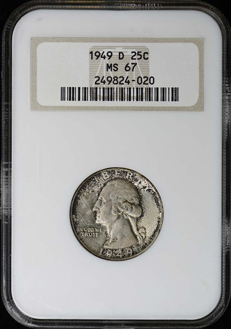 NGC MS67 1949 Denver Mint Washington Quarter 25 Cent Coin: NGC MS67 1949 Denver Mint Washington Quarter 25 Cent Coin This 1949-D Washington Quarter is certified by NGC with a grade of MS67. Struck at the Denver Mint, this uncirculated quarter is a pre-owned p