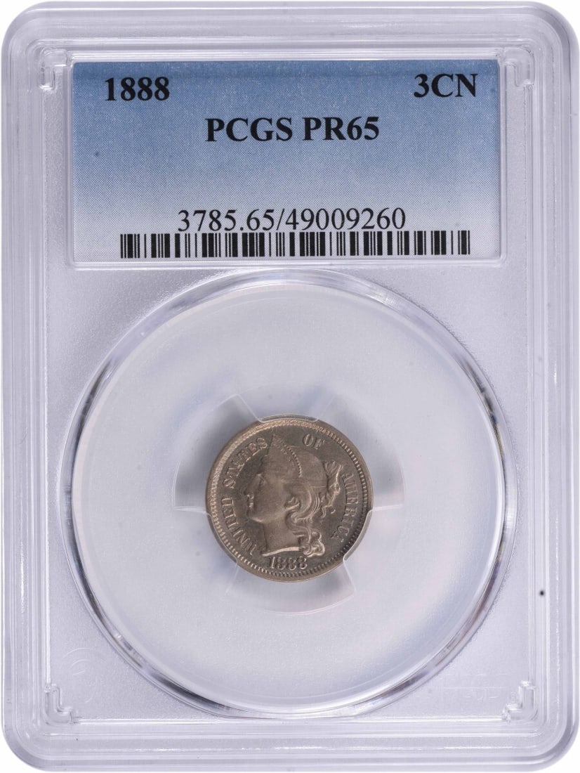 Proof 1888 Three Cent Nickel Coin Graded PR65 by PCGS: Proof 1888 Three Cent Nickel Coin Graded PR65 by PCGS This 1888 Three Cent Nickel coin is a proof-strike example graded PR65 by PCGS. Minted in Philadelphia, it is composed of 75% copper and 25% nicke