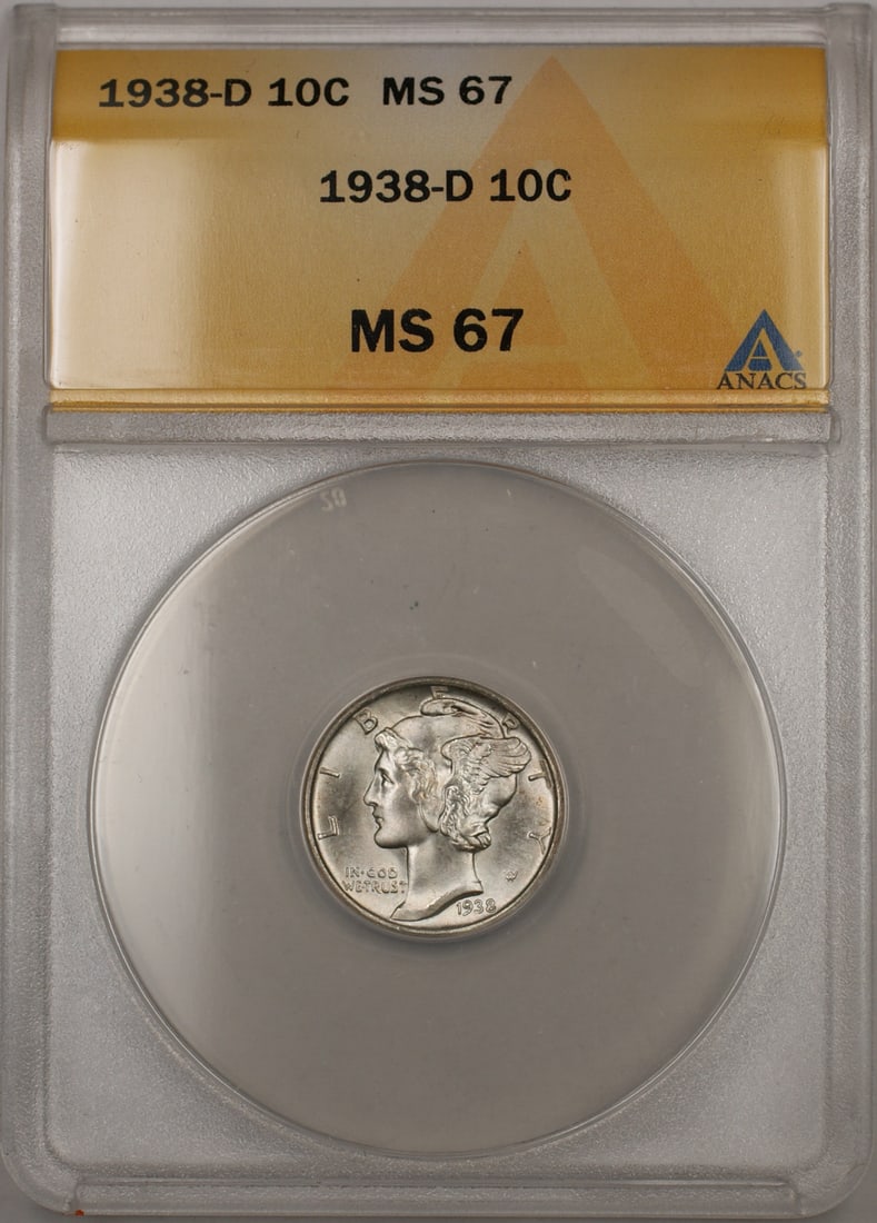 ANACS MS-67 1938-D Mercury Dime Silver Coin Near Full Split Bands: ANACS MS-67 1938-D Mercury Dime Silver Coin Near Full Split Bands This is a 1938-D Mercury Dime, struck in Denver, composed of silver, and certified by ANACS with a high grade of MS-67. The coin is un