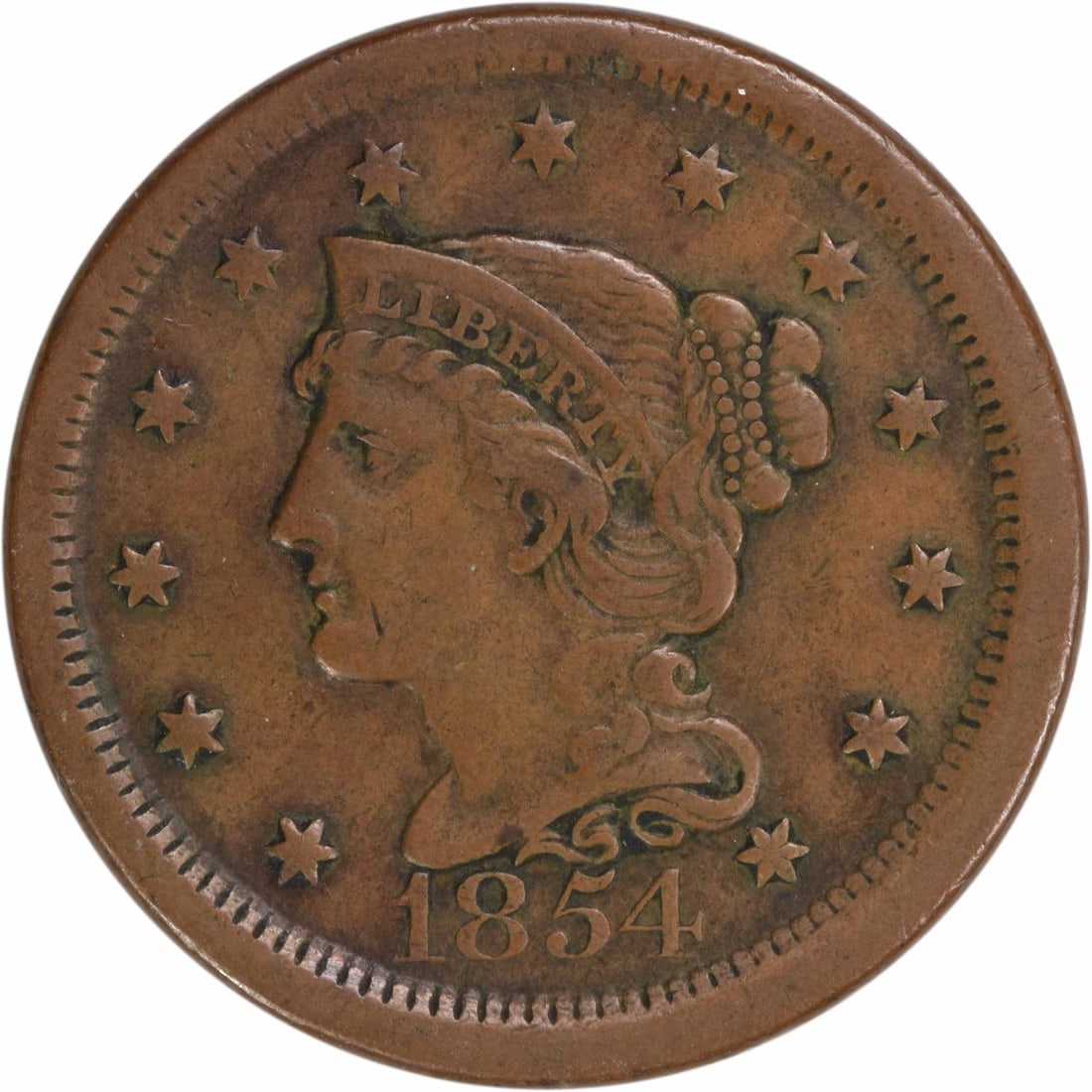1854 Braided Hair Large Cent Copper EF Circulated: 1854 Braided Hair Large Cent Copper EF Circulated This 1854 Large Cent showcases a beautiful Braided Hair design by Christian Gobrecht, embodying a significant piece of American numismatic history. Th