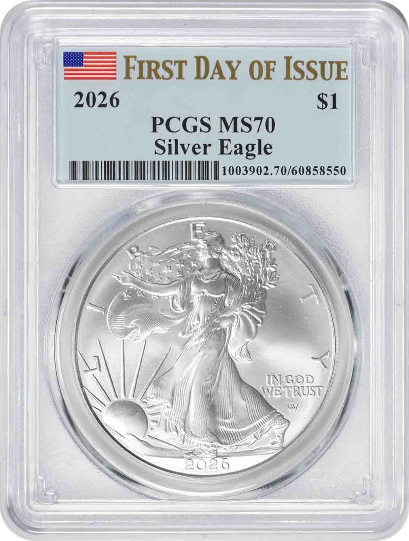 2026 American Eagle Silver Dollar 1 oz MS70 PCGS First Day Issue: 2026 American Eagle Silver Dollar 1 oz MS70 PCGS First Day Issue This 2026 American Silver Eagle coin is certified MS70 First Day of Issue by PCGS. Struck by the U.S. Mint, it contains 1 oz of .999 fi