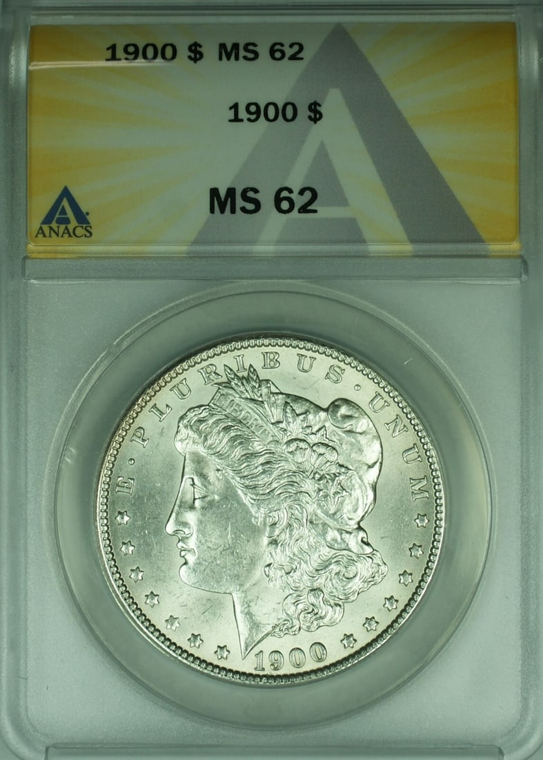 ANACS MS-62 1900 Morgan Dollar Silver $1 Coin Philadelphia Mint: ANACS MS-62 1900 Morgan Dollar Silver $1 Coin Philadelphia Mint This is a 1900 Morgan Silver Dollar $1 coin, graded MS-62 by ANACS. Minted in Philadelphia, the coin is composed of silver and remains u