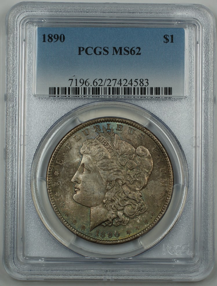 PCGS MS-62 1890 Morgan Silver Dollar Philadelphia Toned Uncirculated: PCGS MS-62 1890 Morgan Silver Dollar Philadelphia Toned Uncirculated This is an 1890 Morgan Silver Dollar graded MS-62 by PCGS. The coin features attractive toning and is in uncirculated condition. Mi