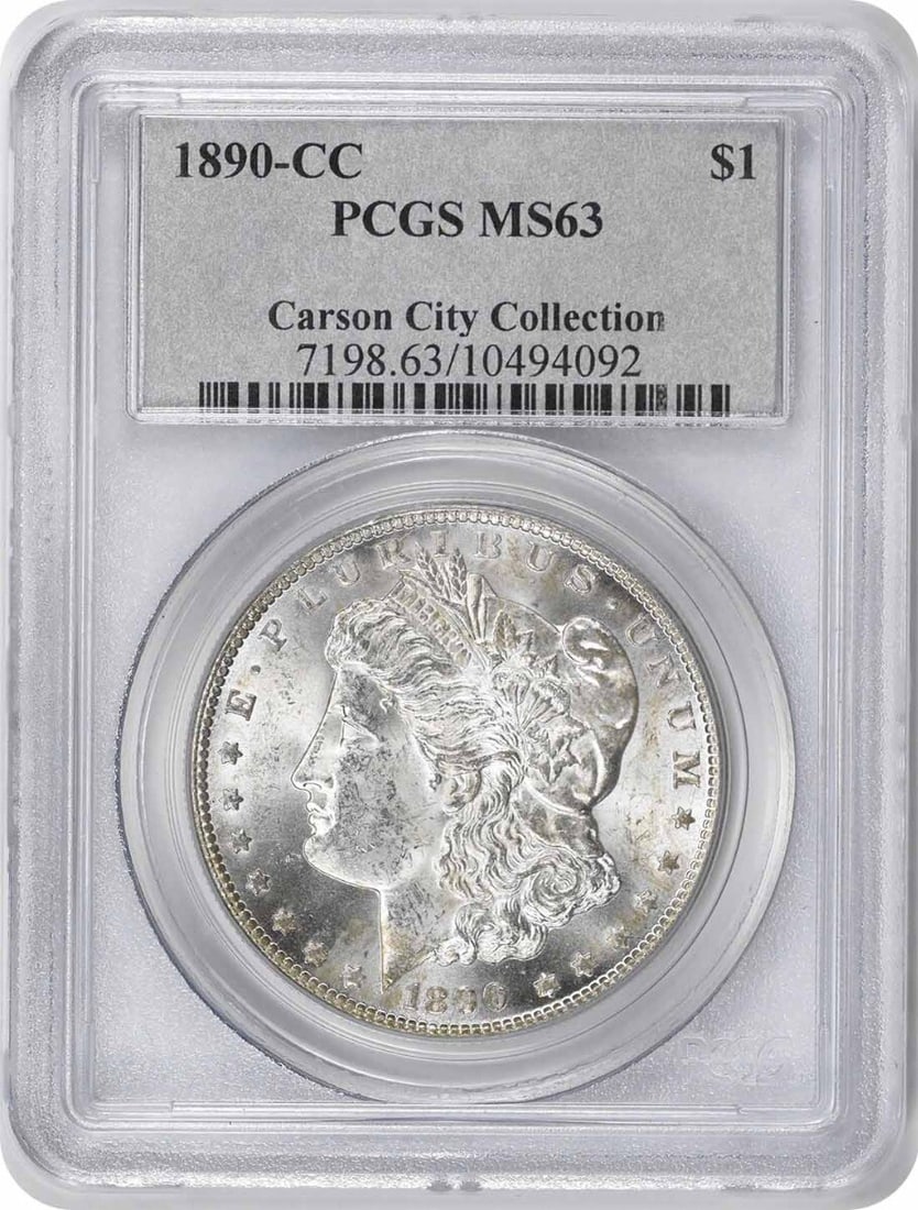 1890-CC Morgan Silver Dollar MS63 PCGS Uncirculated Coin: 1890-CC Morgan Silver Dollar MS63 PCGS Uncirculated Coin This 1890-CC Morgan Silver Dollar is a stunning example of American numismatic history, graded MS63 by PCGS. Crafted from 90% silver and 10% co