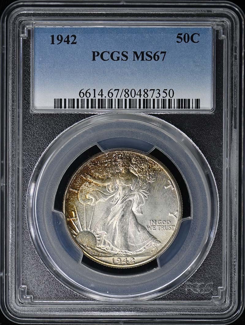 PCGS MS67 1942 Philadelphia Walking Liberty Half Dollar 50C Uncirculated: PCGS MS67 1942 Philadelphia Walking Liberty Half Dollar 50C Uncirculated This is a 1942 Walking Liberty Half Dollar graded MS67 by PCGS. The coin was minted in Philadelphia and remains uncirculated, o