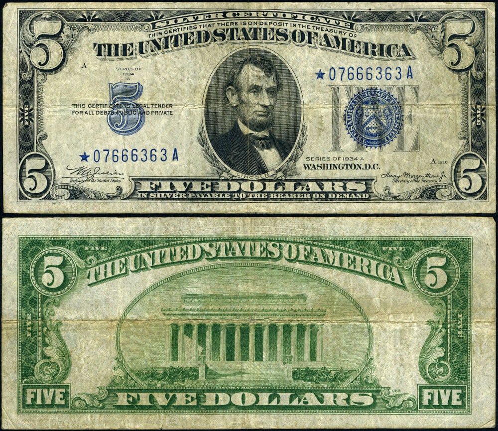 1934-A $5 Silver Certificate FR. 1651* Circulated VF Star: 1934-A $5 Silver Certificate FR. 1651* Circulated VF Star This is a 1934-A $5 Silver Certificate, categorized under FR. 1651*. It is a circulated note in Very Fine (VF) condition, showcasing original