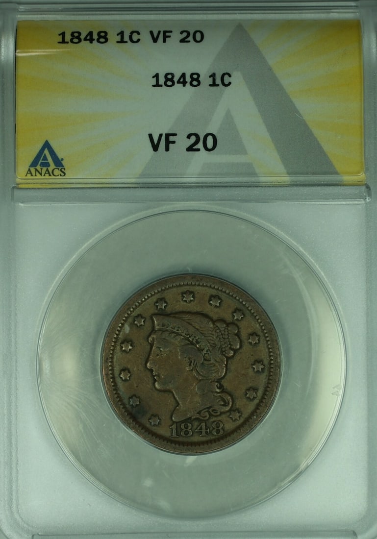 1848 United States Braided Hair Large Cent Certified by ANACS VF 20: 1848 United States Braided Hair Large Cent Certified by ANACS VF 20 This 1848 Braided Hair Large Cent is a circulated coin from the United States, certified by ANACS with a grade of VF 20. Minted in P