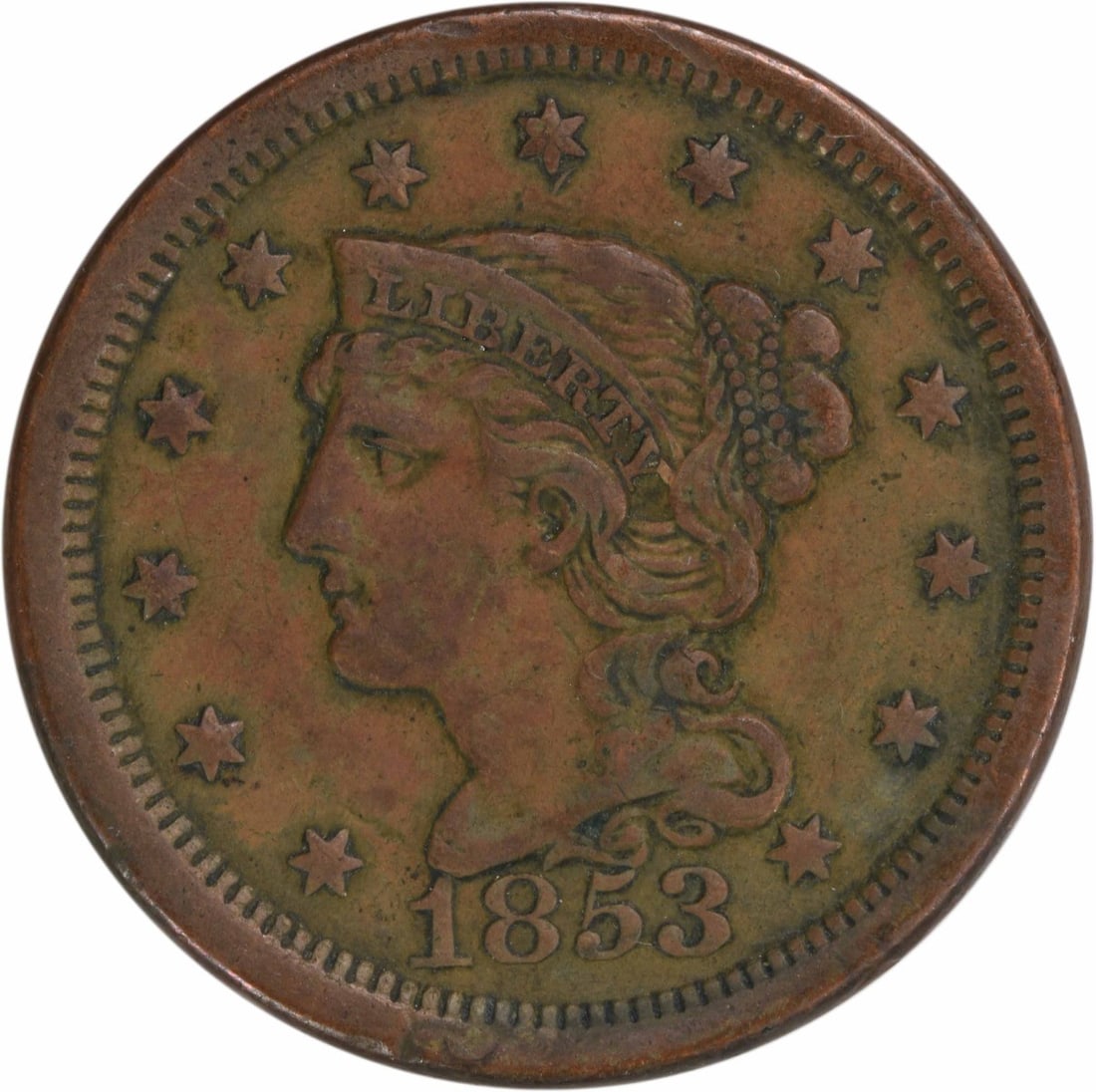 1853 Philadelphia Large Cent Braided Hair Copper Coin: 1853 Philadelphia Large Cent Braided Hair Copper Coin This 1853 Large Cent is an exquisite example of American numismatics, showcasing the Braided Hair design by Christian Gobrecht. Struck in copper a