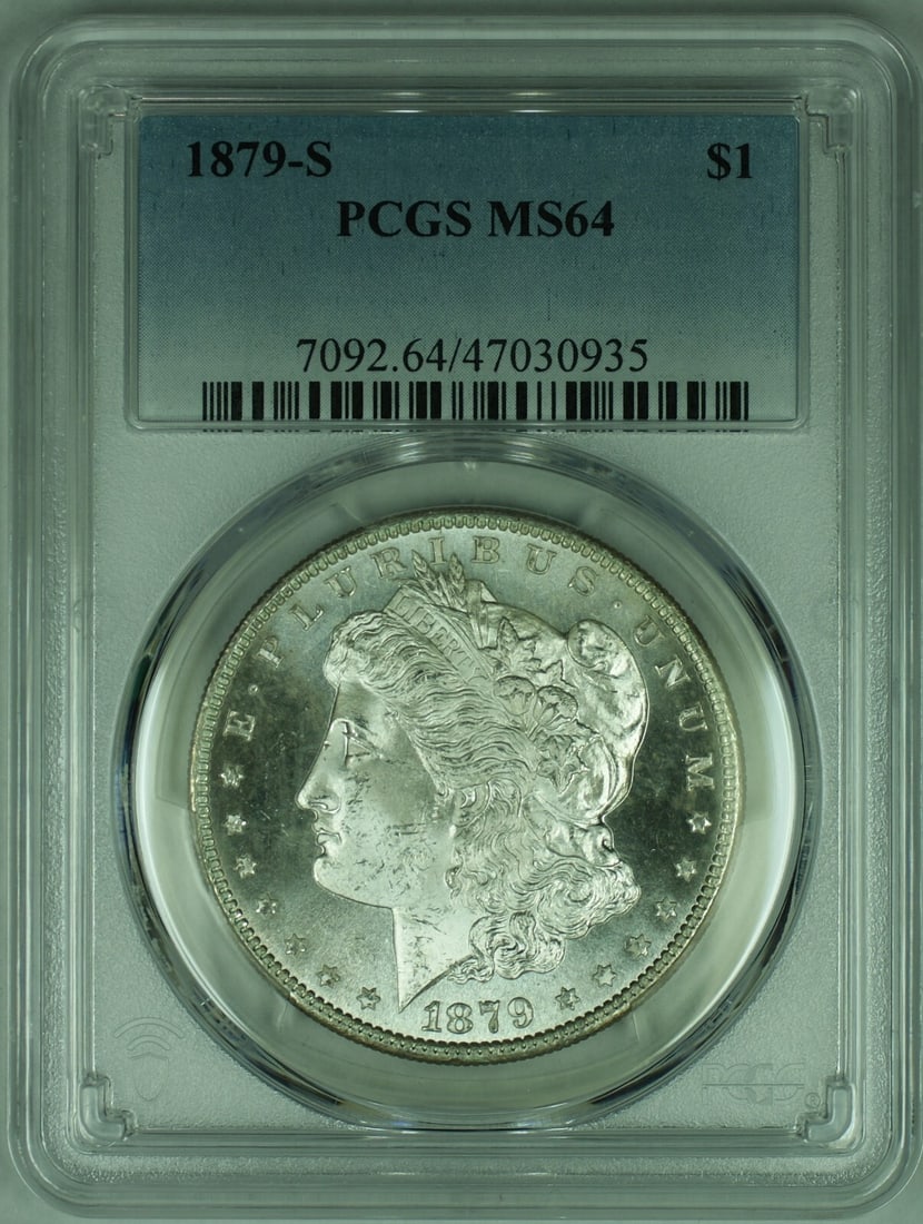 PCGS MS-64 1879-S Morgan Dollar Semi Proof-Like San Francisco Silver: PCGS MS-64 1879-S Morgan Dollar Semi Proof-Like San Francisco Silver This 1879-S Morgan Silver Dollar features semi proof-like surfaces and has been graded MS-64 by PCGS. Struck at the San Francisco M