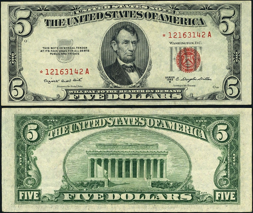 1953-B $5 Legal Tender Star Note FR. 1534* Uncirculated: 1953-B $5 Legal Tender Star Note FR. 1534* Uncirculated This 1953-B $5 Legal Tender note, designated as FR. 1534* and part of the *-A Block, is in uncirculated condition, showcasing excellent paper qu