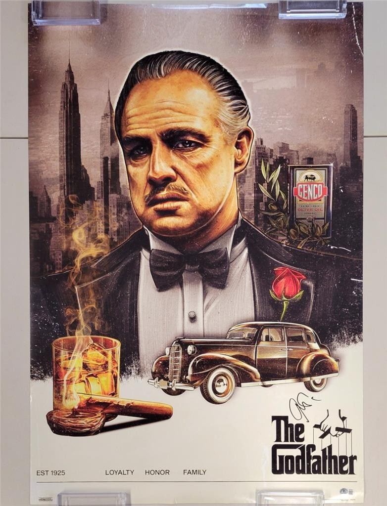 The Godfather 24x36 Poster Signed by Al Pacino Beckett Authenticated: The Godfather 24x36 Poster Signed by Al Pacino Beckett Authenticated This original 24x36 inch poster from the movie The Godfather features the autograph of Al Pacino. The signature is authenticated by