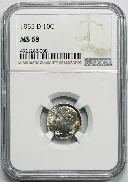 1955 D Denver Dime NGC MS 68 Stunning Colors: 1955 D Denver Dime NGC MS 68 Stunning Colors This 1955 D Roosevelt Dime is an exquisite example of numismatic artistry, graded MS 68 by NGC, ensuring its exceptional quality. Struck in silver at the D