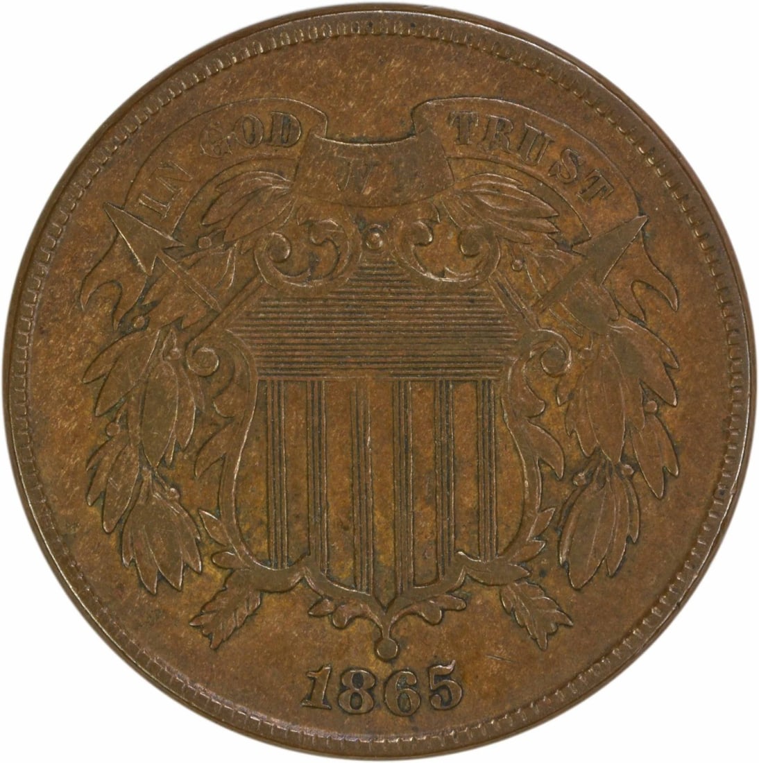 1865 US Two Cent Piece EF Bronze Coin Uncertified (1 of 2)