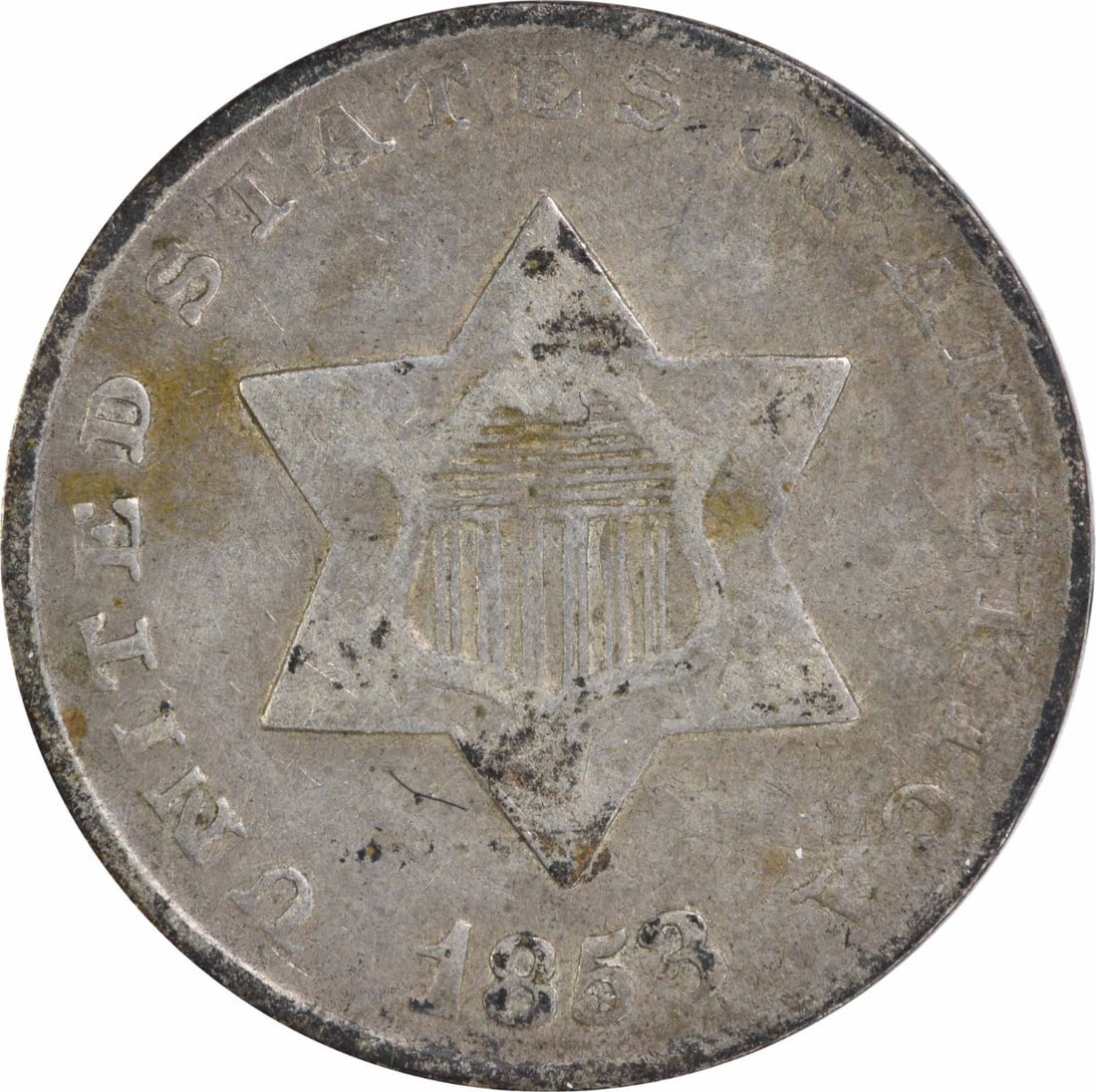 1853 Three Cent Silver Coin Uncertified Philadelphia Mint: 1853 Three Cent Silver Coin Uncertified Philadelphia Mint This 1853 Three Cent Silver coin is a notable piece of American history, minted in Philadelphia. It features a composition of 75% silver and 2