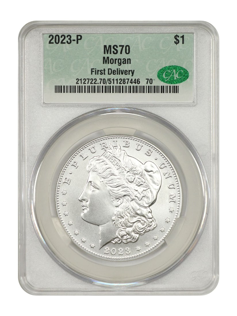 Morgan Silver Dollar 2023 Philadelphia CACG MS70 First Delivery: Morgan Silver Dollar 2023 Philadelphia CACG MS70 First Delivery This is a 2023-P Morgan Dollar from the Philadelphia Mint, certified by CACG as MS70 (First Delivery). The coin is uncirculated and grad