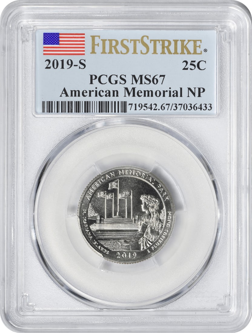 MS67 PCGS First Strike 2019-S America the Beautiful Memorial Quarter: MS67 PCGS First Strike 2019-S America the Beautiful Memorial Quarter This 2019-S American Memorial America the Beautiful National Park Quarter is graded MS67 by PCGS and designated as a First Strike.