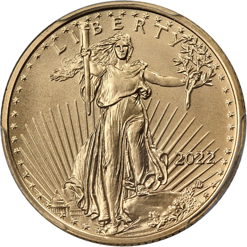 PCGS MS70 2022 $10 Gold American Eagle Coin First Day Issue: PCGS MS70 2022 $10 Gold American Eagle Coin First Day Issue This 2022 Gold American Eagle $10 coin is certified by PCGS with a grade of MS70 and a First Day Issue label. The coin is uncirculated and c