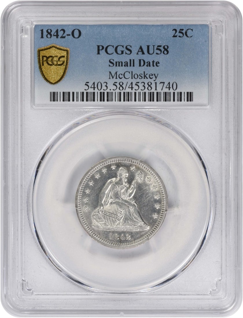 Seated Liberty 25C 1842-O Small Date Silver Coin PCGS AU58: Seated Liberty 25C 1842-O Small Date Silver Coin PCGS AU58 This 1842-O Liberty Seated Silver Quarter features the small date variety and is graded AU58 by PCGS. Minted in New Orleans, this circulated