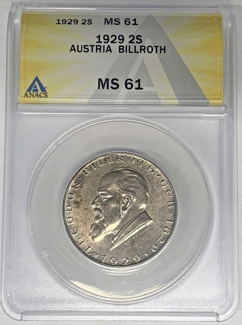 ANACS Certified MS 61 1929 Silver 2 Shilling Coin from Austria: ANACS Certified MS 61 1929 Silver 2 Shilling Coin from Austria This is a 1929 Austria 2 Shilling silver coin, graded MS 61 and certified by ANACS. The coin is uncirculated and originates from Austria.