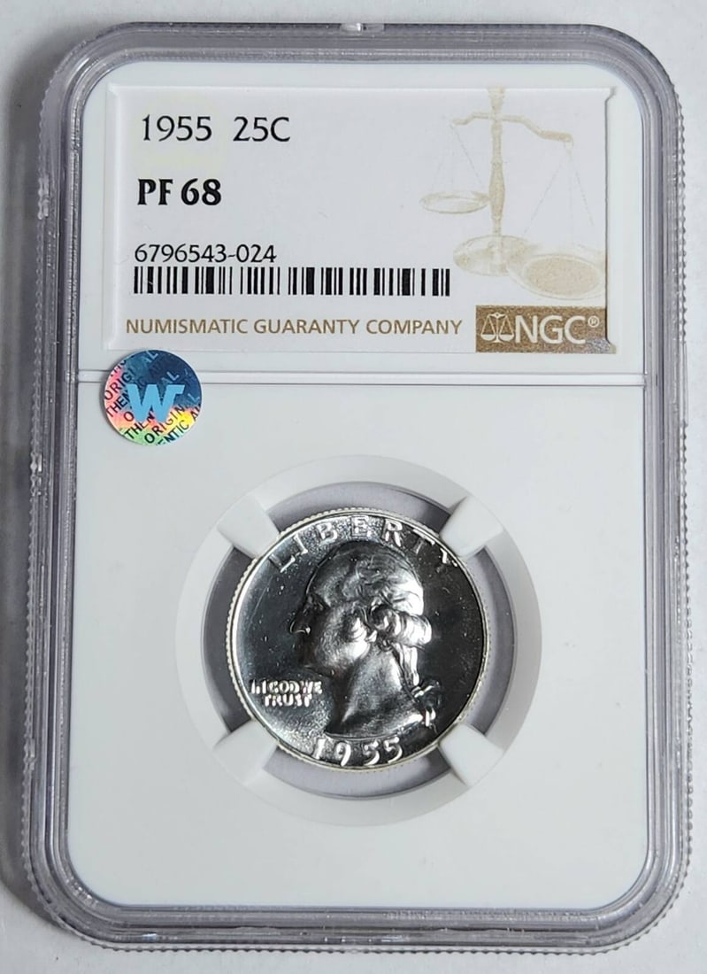 1955 P Washington Quarter NGC PF 68 Uncirculated Silver Proof: 1955 P Washington Quarter NGC PF 68 Uncirculated Silver Proof This 1955 P Washington Quarter is a stunning piece certified by NGC with a perfect grade of PF 68. Struck in silver, this uncirculated pro