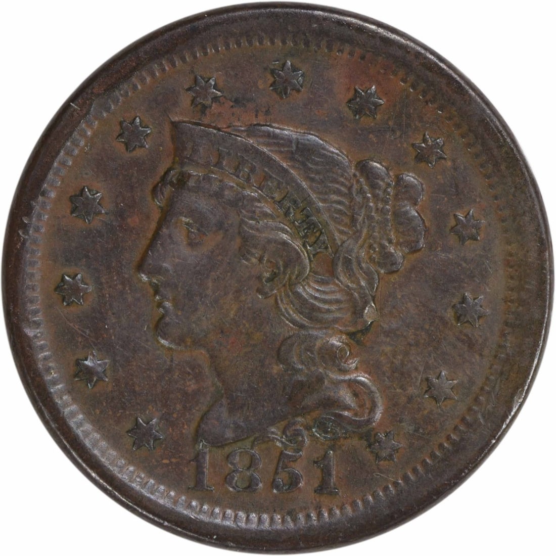 1851 Braided Hair Large Cent Copper Coin Philadelphia: 1851 Braided Hair Large Cent Copper Coin Philadelphia This 1851 Large Cent features a beautiful Braided Hair design by Christian Gobrecht. It is classified as an Extra Fine (EF) grade and is made of c