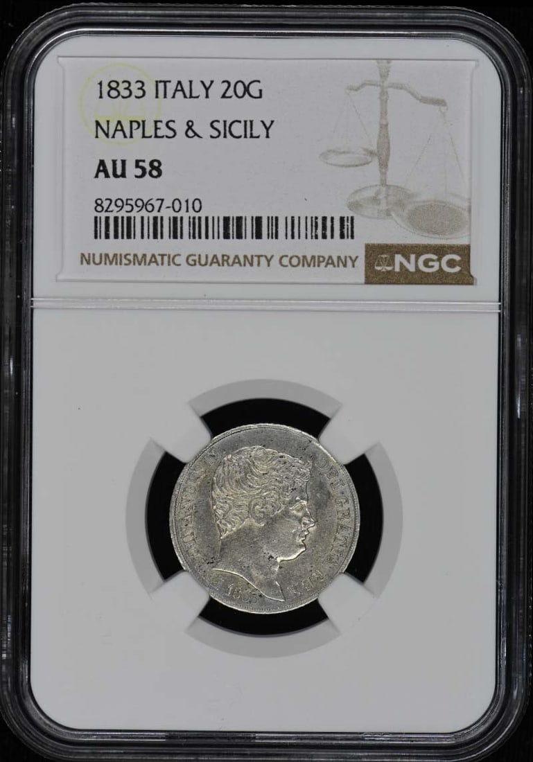 1833 Italy Naples Sicily Silver 20 Grana NGC AU58 Certified Coin: 1833 Italy Naples Sicily Silver 20 Grana NGC AU58 Certified Coin This stunning 1833 Italy Naples Sicily Silver 20 Grana coin is a rare find for collectors. Certified by NGC with a grade of AU58, this