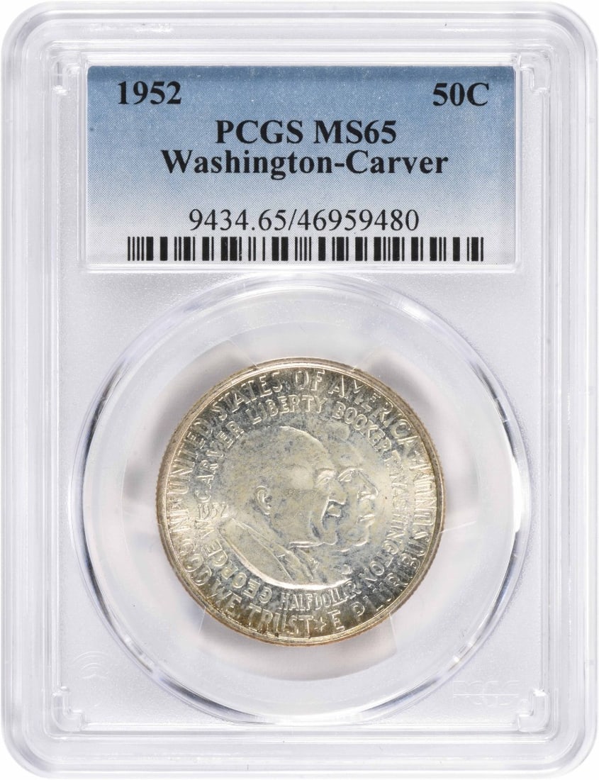 1952 Washington-Carver Half Dollar MS65 PCGS Uncirculated 90% Silver: 1952 Washington-Carver Half Dollar MS65 PCGS Uncirculated 90% Silver This 1952 Washington-Carver Commemorative Half Dollar is graded MS65 by PCGS, indicating it is in uncirculated condition. Struck in