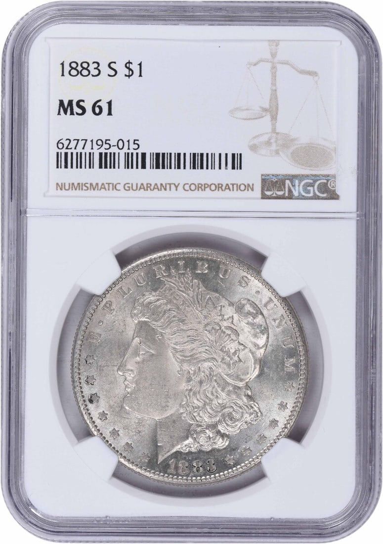 NGC MS61 1883 San Francisco Morgan Dollar 90 Percent Silver Coin: NGC MS61 1883 San Francisco Morgan Dollar 90 Percent Silver Coin This 1883-S Morgan Silver Dollar is certified MS61 by NGC and was minted in San Francisco. It features a composition of 90% silver and