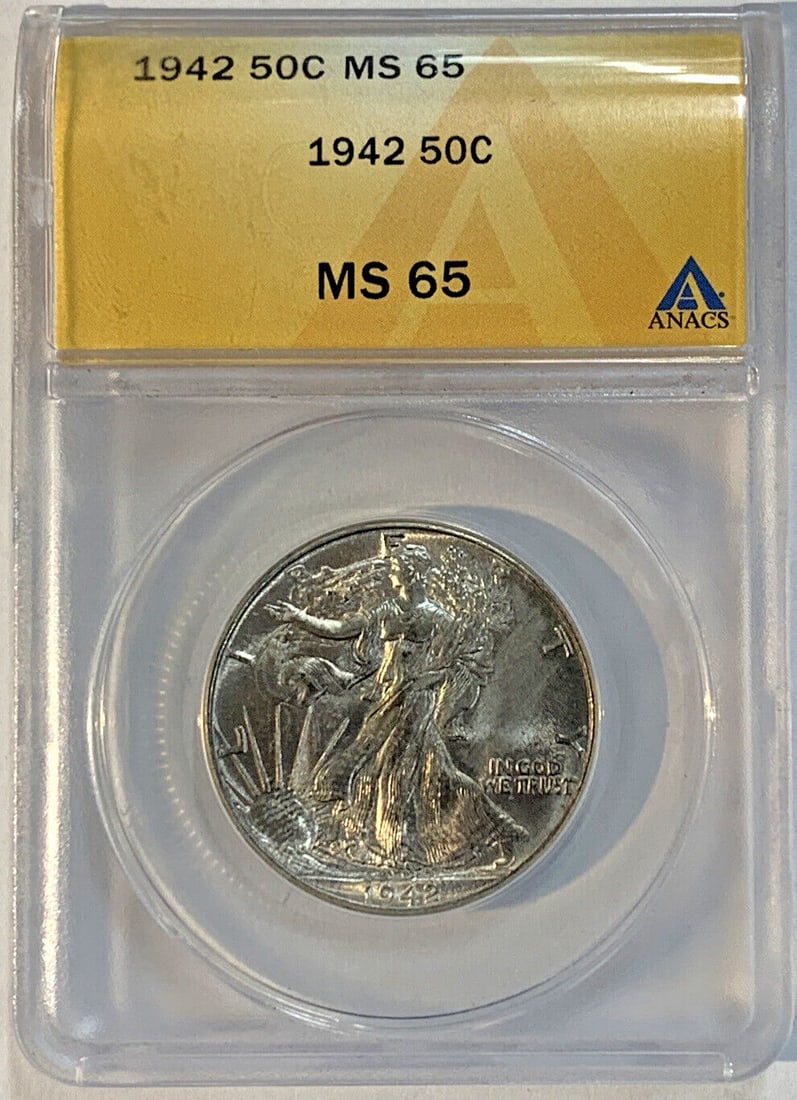 ANACS MS 65 1942 Liberty Walking Silver Half Dollar Coin: ANACS MS 65 1942 Liberty Walking Silver Half Dollar Coin This is a 1942 Walking Liberty Half Dollar coin, certified by ANACS with a grade of MS 65. Struck in silver, this uncirculated coin features th