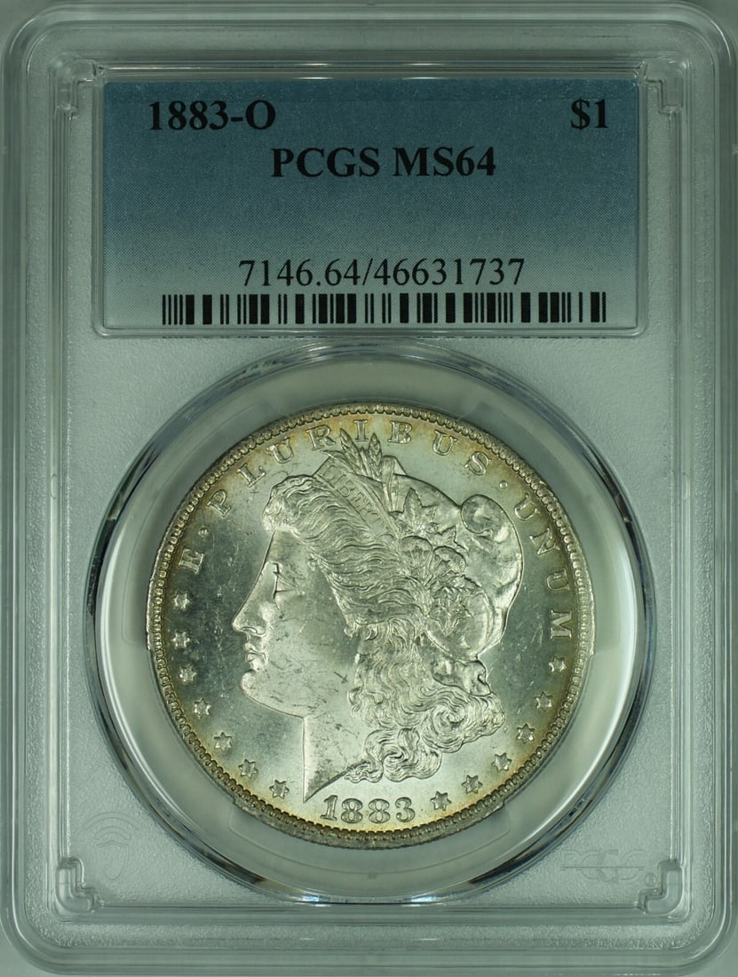 PCGS MS64 1883-O New Orleans Morgan Dollar Silver $1 Coin: PCGS MS64 1883-O New Orleans Morgan Dollar Silver $1 Coin This is an 1883-O Morgan Silver Dollar coin, certified by PCGS with a grade of MS-64. Struck in New Orleans, this uncirculated coin features a