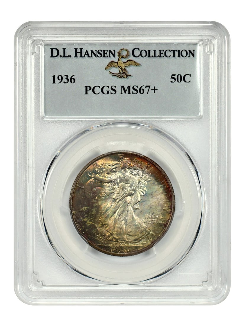 PCGS MS67+ 1936 Walking Liberty Half Dollar ex D L Hansen: PCGS MS67+ 1936 Walking Liberty Half Dollar ex D L Hansen This 1936 Walking Liberty Half Dollar is a PCGS-certified MS67+ example, originating from Philadelphia. The coin is uncirculated and features