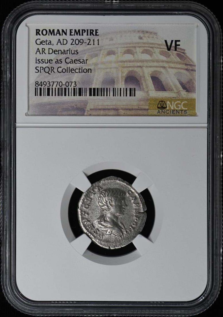 AR Denarius Coin Geta Roman Empire NGC Certified VF20: AR Denarius Coin Geta Roman Empire NGC Certified VF20 This is a Roman Empire AR Denarius coin from the reign of Geta, dated AD 209-211. The coin has been certified and graded VF20 by NGC and is in pre