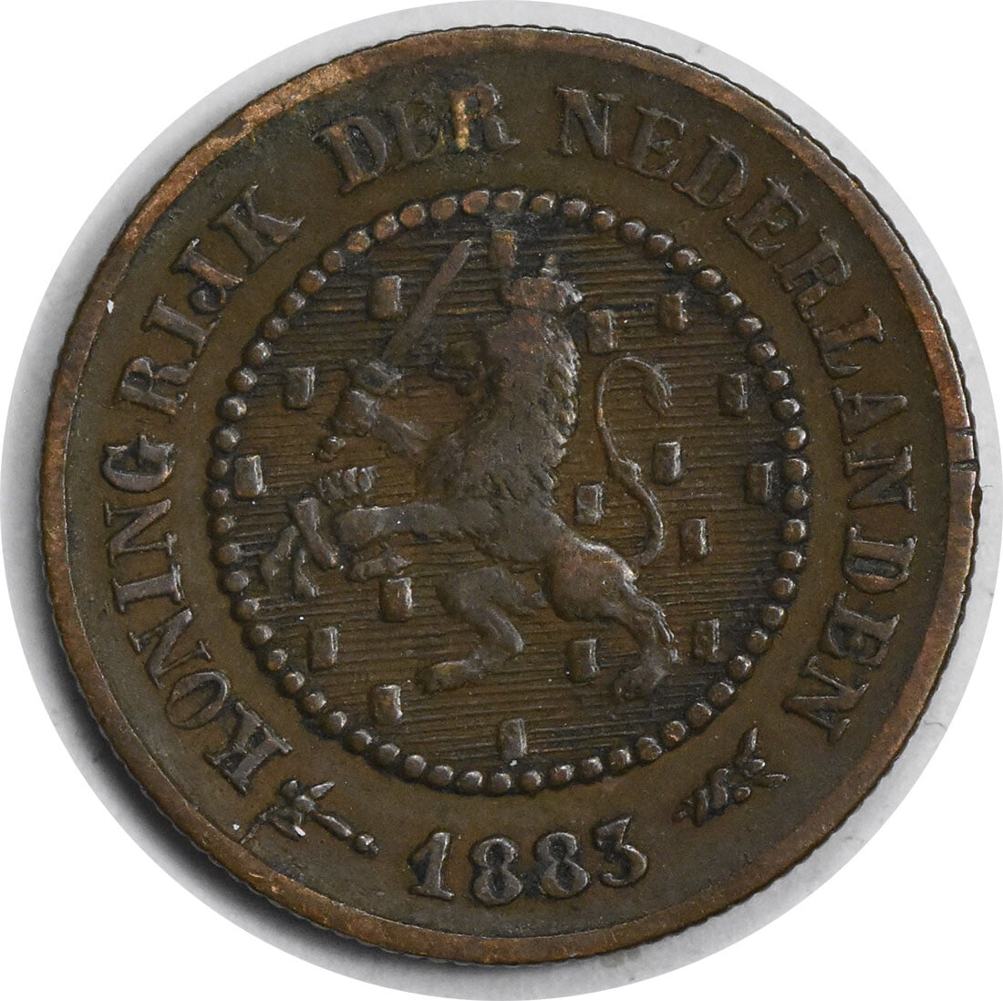 1883 Netherlands 1/2 Cent KM109.1 Copper Coin VF Uncertified: 1883 Netherlands 1/2 Cent KM109.1 Copper Coin VF Uncertified This 1883 Netherlands 1/2 Cent (KM109.1) is a great addition for any coin collector. The coin is made of copper and has been circulated, ex