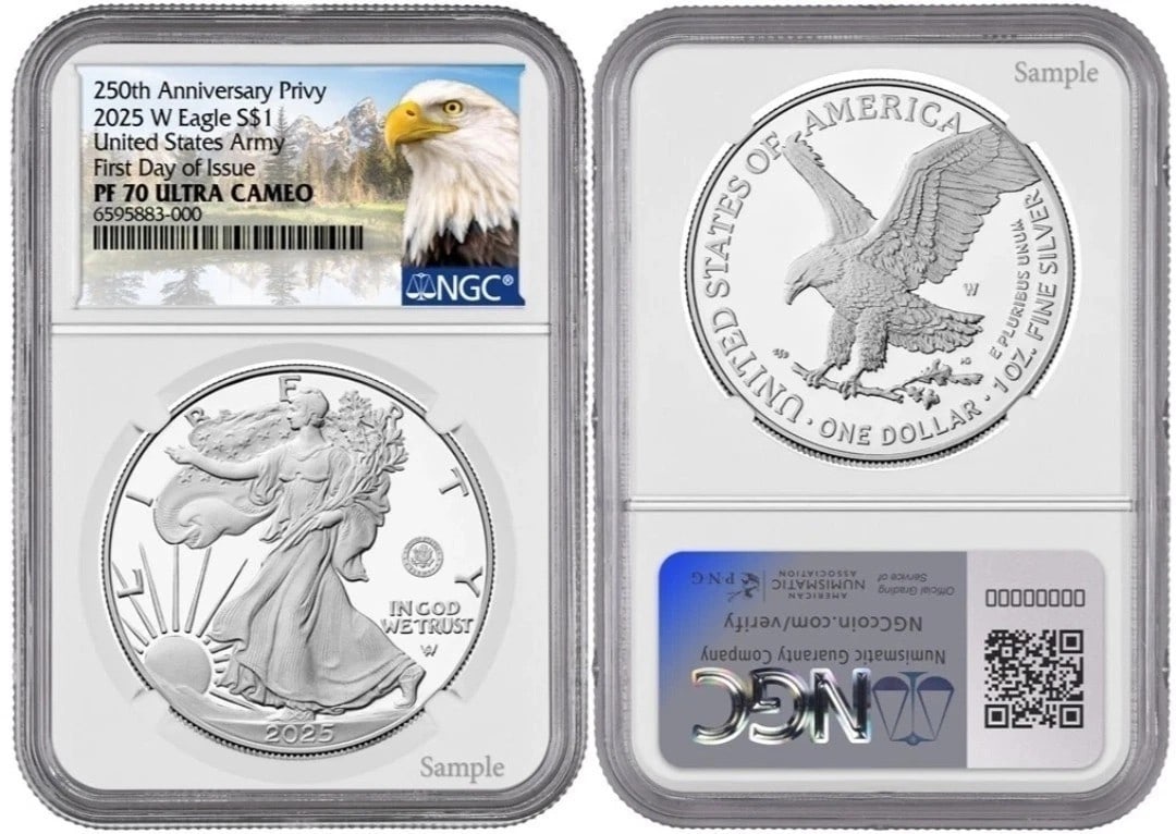2025-W Proof American Silver Eagle U.S. Army Privy NGC PR70 First Day (1 of 1)