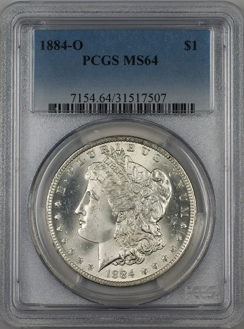 PCGS MS64 1884-O Silver Morgan Dollar Uncirculated New Orleans Mint: PCGS MS64 1884-O Silver Morgan Dollar Uncirculated New Orleans Mint This 1884-O Morgan Silver Dollar is certified by PCGS with a grade of MS 64. Minted in New Orleans, it features an uncirculated cond