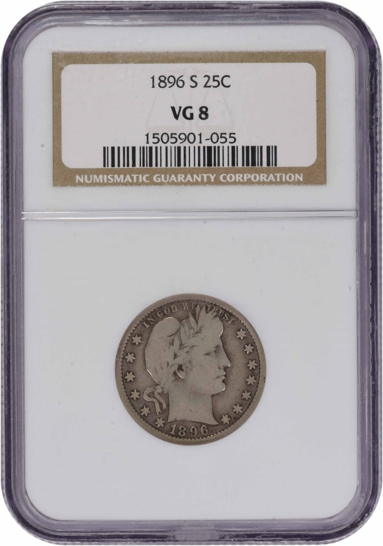 1896 San Francisco Barber Quarter 90% Silver Graded VG08 by NGC: 1896 San Francisco Barber Quarter 90% Silver Graded VG08 by NGC This 1896-S Barber Quarter is a circulated coin certified by NGC with a VG08 grade. Minted in San Francisco, it features a composition o