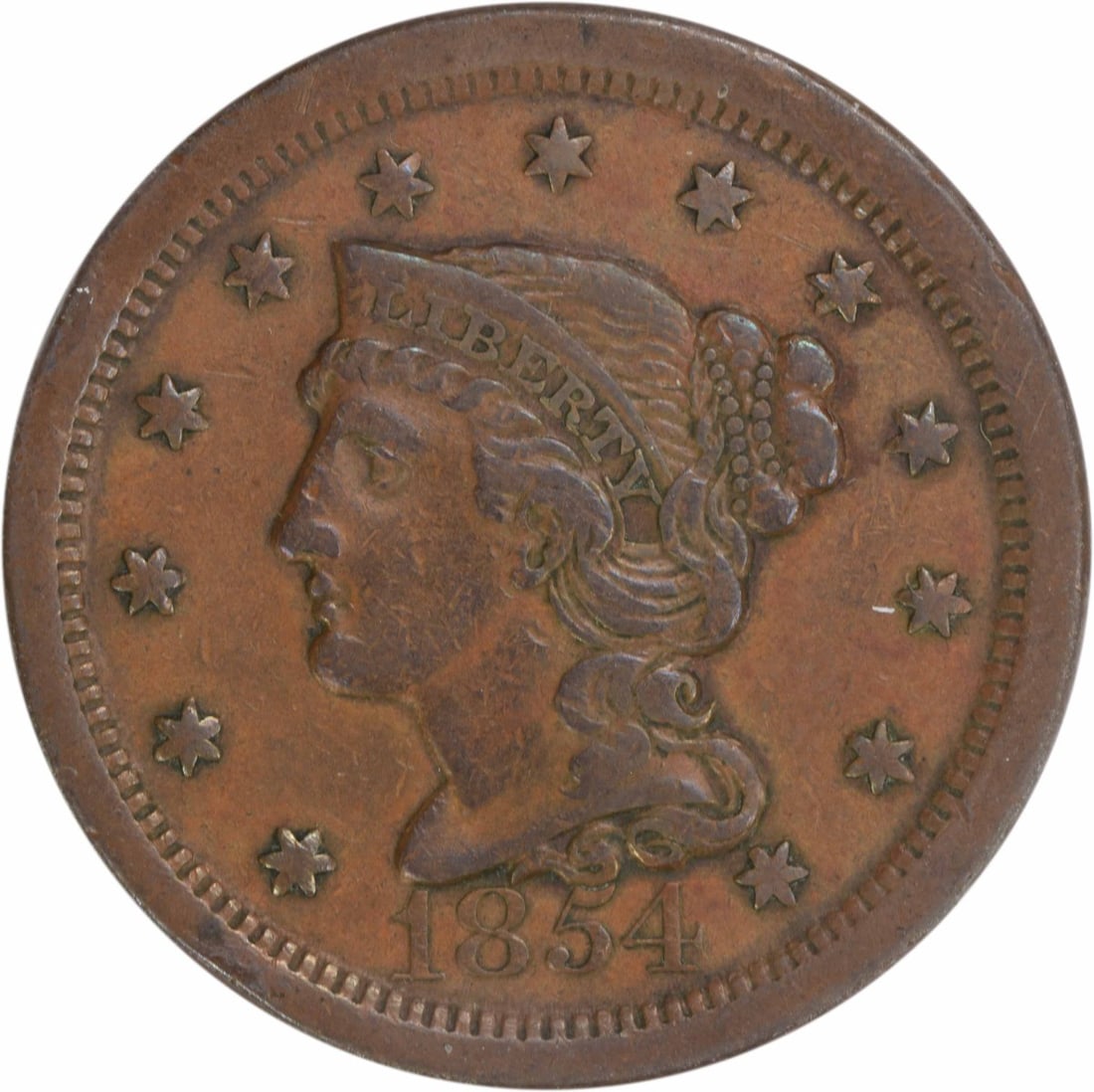 1854 Braided Hair Large Cent Copper Coin EF Uncertified: 1854 Braided Hair Large Cent Copper Coin EF Uncertified This 1854 Large Cent, featuring the Braided Hair design by Christian Gobrecht, is a notable collectible from the Philadelphia mint. Graded as EF