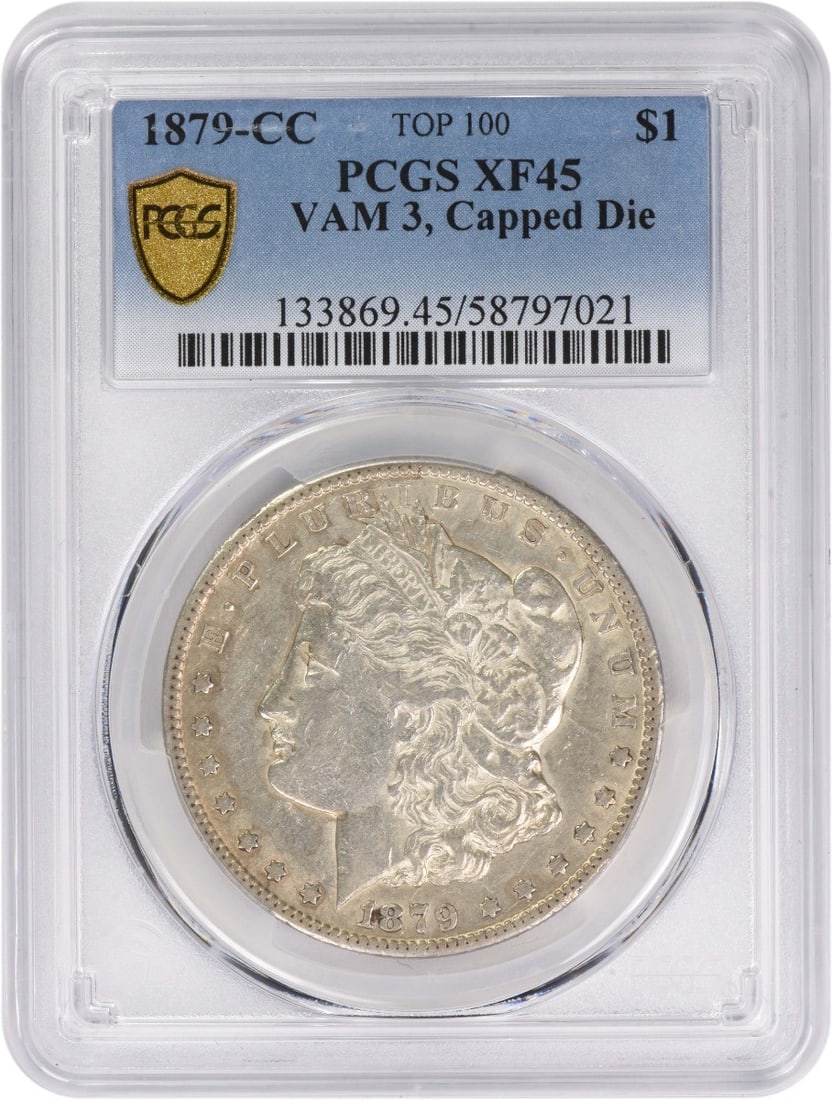 EF45 PCGS Morgan Dollar 1879 Carson City VAM 3 Capped Die: EF45 PCGS Morgan Dollar 1879 Carson City VAM 3 Capped Die This 1879-CC Morgan Silver Dollar features the VAM 3 capped die variety and has been certified by PCGS with a grade of EF45. Minted in Carson