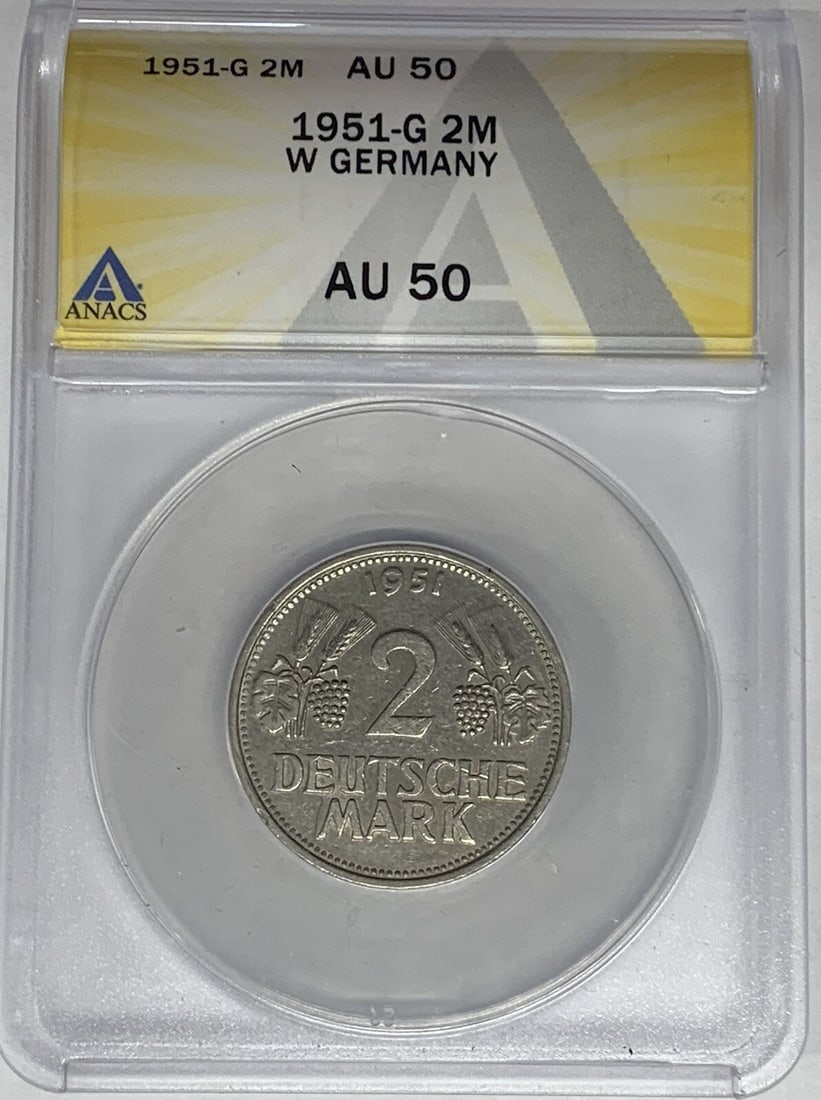 ANACS AU 50 Certified 1951-G 2 Mark Coin from Germany: ANACS AU 50 Certified 1951-G 2 Mark Coin from Germany This is a 1951-G Germany 2 Mark coin from the West & Unified historical period, certified by ANACS with a grade of AU 50. The coin is pre-owned an