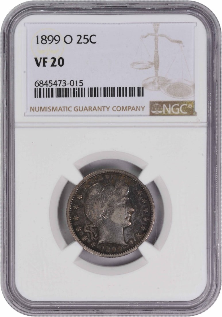 1899-O Barber Quarter VF20 NGC Certified Silver Coin: 1899-O Barber Quarter VF20 NGC Certified Silver Coin This 1899-O Barber Silver Quarter is a remarkable piece of American numismatic history. Struck at the New Orleans Mint, this quarter features the i