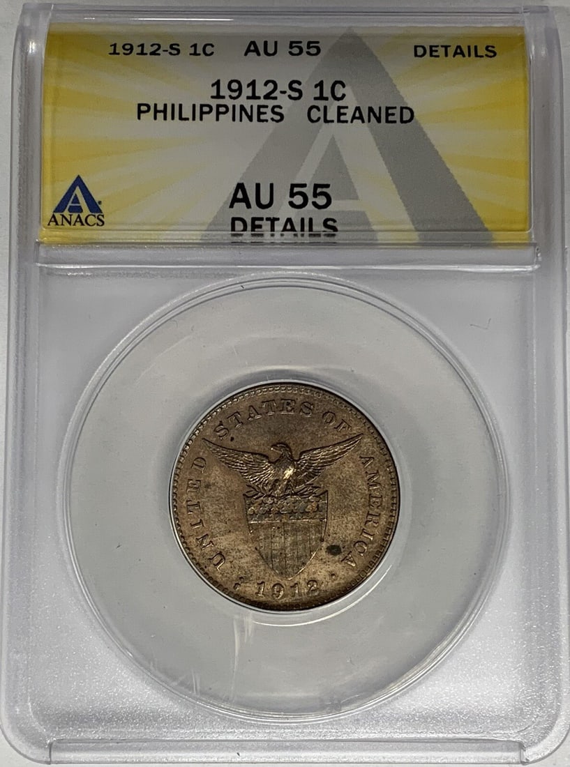 Philippines 1912-S Copper 1 Centavo ANACS AU 55 Certified Coin: Philippines 1912-S Copper 1 Centavo ANACS AU 55 Certified Coin This 1912-S Philippines 1 Centavo coin is composed of copper and dates to the U.S. administration period from 1898 to 1946. Certified by