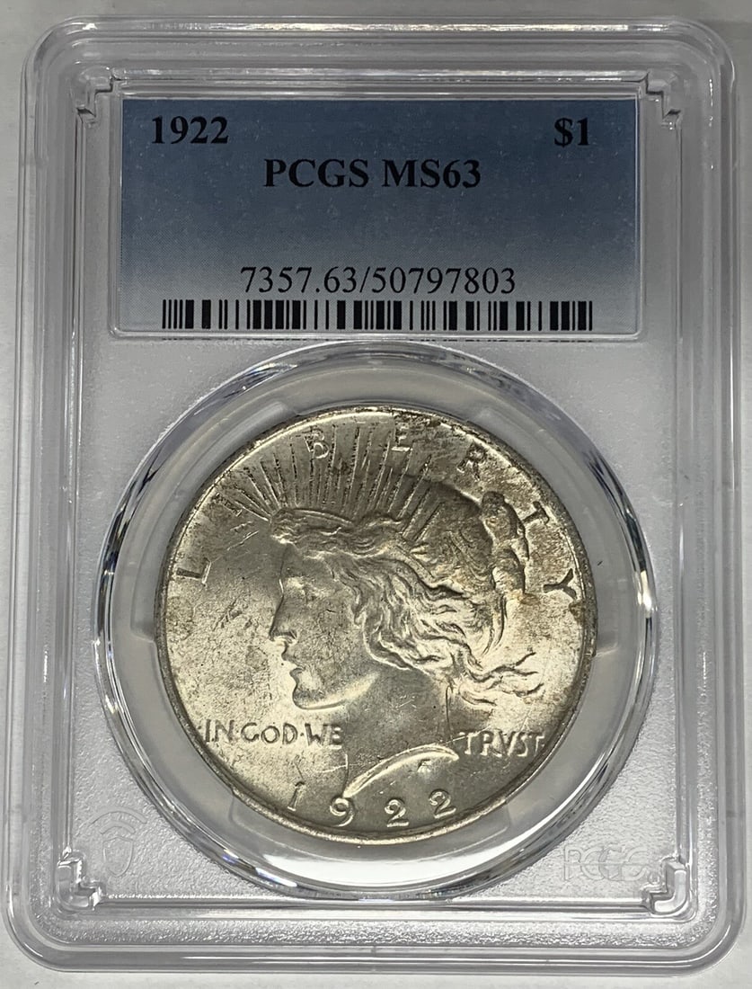 1922 Peace Dollar Silver Coin PCGS MS 63 Certified Toned Uncirculated (1 of 2)