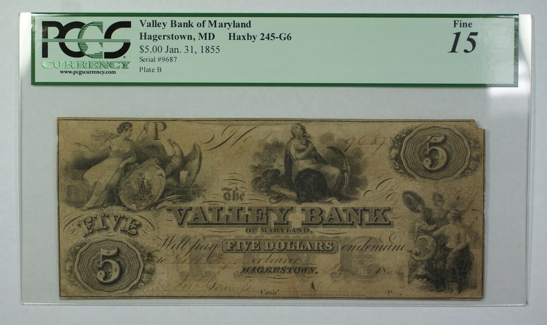 Valley Bank Maryland Hagerstown $5 Note 1855 PCGS F-15 Haxby 245-G6: Valley Bank Maryland Hagerstown $5 Note 1855 PCGS F-15 Haxby 245-G6 This is a $5 banknote issued by the Valley Bank of Maryland in Hagerstown, dated January 31, 1855. The note is graded Fine 15 by PCG