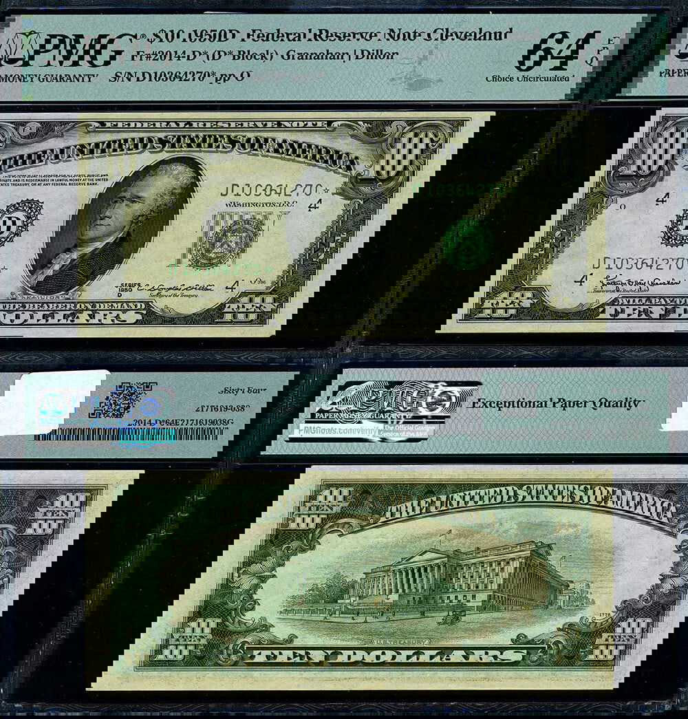 1950-D $10 Federal Reserve Note Cleveland D-* Block PMG Choice CU64: 1950-D $10 Federal Reserve Note Cleveland D-* Block PMG Choice CU64 This 1950-D Federal Reserve Note, designated as FR. 2014 D* $10 from the Cleveland D-* Block, is graded as Choice CU64 EPQ by PMG, e